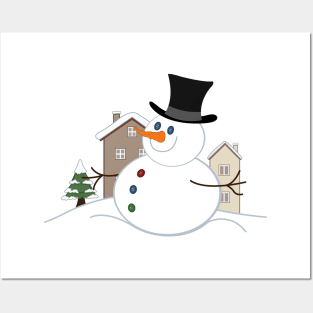 Happy Christmas Snowman Illustration Posters and Art